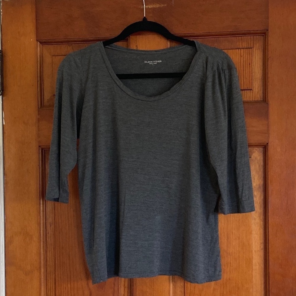 Eileen Fisher Womens L Silk Cotton Grey 3/4 Sleeve Scoop Top Minimalist Capsule
